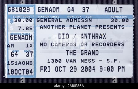 San Francisco, Californie - 29 octobre 2004 - ancien billet utilisé pour le concert de Dio et d'Anthrax au Grand Banque D'Images