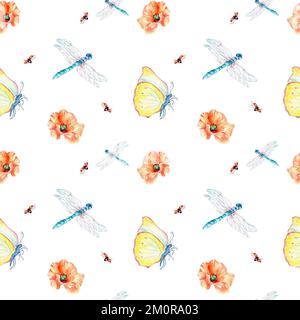 Fleurs et insectes de prairie aquarelle motif sans couture sur blanc. Coquelicots rouges, libellules, papillons, coccinelles dessinées à la main. Conception pour tissu, emballage, t Banque D'Images