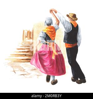 Fête des danses folkloriques françaises. Un couple de danseurs en costumes nationaux. Illustration aquarelle dessinée à la main isolée sur fond blanc Banque D'Images