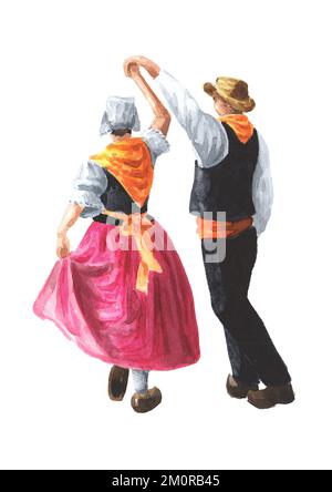 Danses folkloriques françaises. Un couple de danseurs en costumes nationaux. Illustration aquarelle dessinée à la main isolée sur fond blanc Banque D'Images