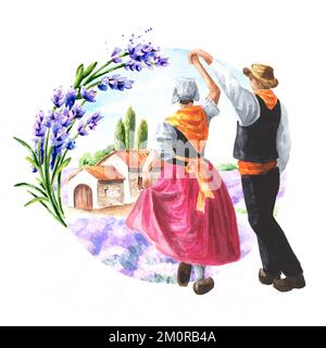 Danses folkloriques françaises. Un couple de danseurs en costumes nationaux. Illustration aquarelle dessinée à la main, isolée sur fond blanc Banque D'Images