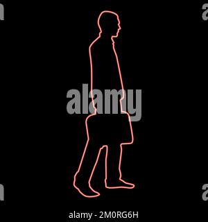 Homme d'affaires néon avec porte-documents homme de marche avant avec un sac de travail dans sa main silhouesse rouge iconvector couleur illustration image plat style lumière Illustration de Vecteur