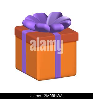 Boîte cadeau de Noël 3D rendu. Boîte orange avec noeud violet. Banque D'Images