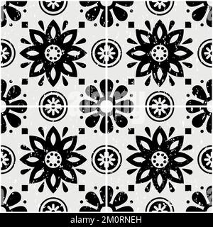 Carreaux portugais Azulejo motif vectoriel sans couture - style ancien rayé, design rétro avec fleurs en noir et blanc Illustration de Vecteur