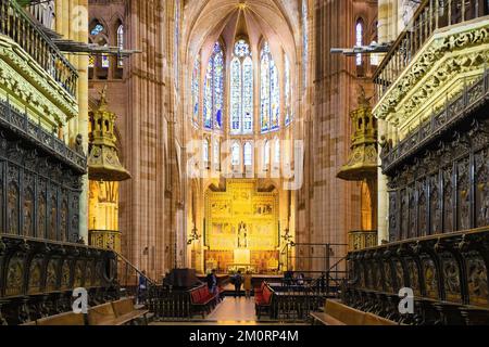 Vue panoramique depuis le choeur avec l'autel principal en arrière-plan. Cathédrale de Leon, Castilla y Leon. Banque D'Images