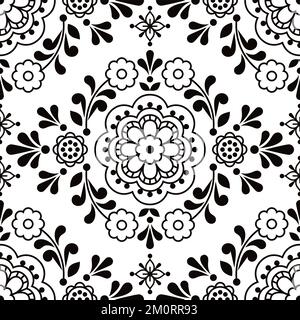 Motif scandinave fleuri folk art vectoriel sans couture, joli motif ornemental parfait pour un imprimé textile ou tissu noir et blanc Illustration de Vecteur