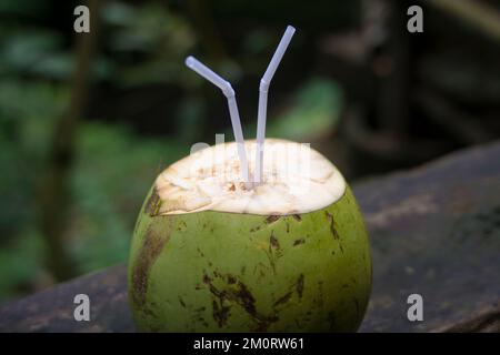 Une noix de coco avec des pailles sur fond flou Banque D'Images