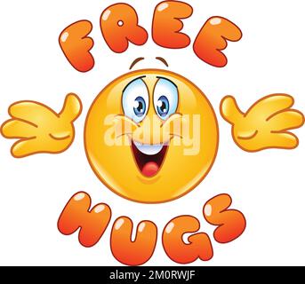 Happy emoji émoticon atteindre les bras, libre câlins lettrage Illustration de Vecteur