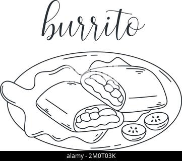 Illustration du burrito traditionnel mexicain. Tortilla de blé farcie de viande et de légumes clip art. Vecteur alimentaire latino-américain Illustration de Vecteur