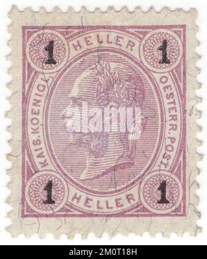 AUTRICHE — 1899: Un timbre-poste de 1 lilas pâle de heller représentant le portrait en relief du jeune empereur monarque autrichien Franz Josef. Franz Joseph I ou François Joseph I fut empereur d'Autriche, roi de Hongrie, et les autres États de la monarchie des Habsbourg du 2 décembre 1848 jusqu'à sa mort le 21 novembre 1916. Au début de son règne, ses royaumes et ses territoires ont été désignés comme l'Empire autrichien, mais ont été reconstitués comme la double monarchie de l'Empire austro-hongrois en 1867. Du 1 mai 1850 au 24 août 1866, Franz Joseph a également été président de la Confédération allemande Banque D'Images