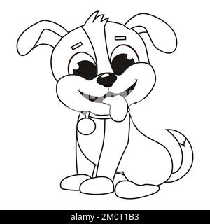 Coloriage page contour assis souriant mignon chien dans le style de dessin animé. Illustration vectorielle colorée, livre de coloriage d'été pour les enfants. Illustration vectorielle Illustration de Vecteur