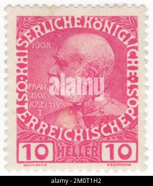 AUTRICHE — 1913: Un timbre-poste à la rose de heller de 10 représentant le portrait de Franz Joseph I. Série définitive émise pour les 60th années du règne du monarque autrichien Franz Josef, empereur d'Autriche, roi de Hongrie, et des autres États de la monarchie des Habsbourg. Franz Joseph I ou Francis Joseph I était empereur d'Autriche, roi de Hongrie, Et les autres États de la monarchie des Habsbourg du 2 décembre 1848 jusqu'à sa mort le 21 novembre 1916.[1] au début de son règne, ses royaumes et territoires étaient appelés l'Empire autrichien, mais ils furent reconstitués comme la double monarchie Banque D'Images