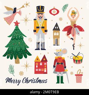 Joyeux Noël, nouvel an avec Ballerina, Mouse King et casse-noisette. Carte de Noël avec trois et jouets Illustration de Vecteur