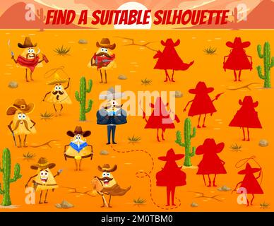 Trouvez une silhouette appropriée de personnages mexicains de nachos cowboy, bandit et shérif. Dessin animé vecteur enfants ombre Match jeu feuille de travail avec drôle tex mex nourriture horseman ou rangeur personnages dans le désert Illustration de Vecteur