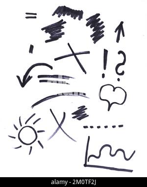 Textures de peinture de marqueur noir. Contours varoius isolés sur fond blanc Banque D'Images