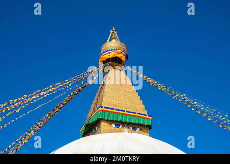 Népal, vallée de Katmandou classée au patrimoine mondial par l'UNESCO, Bodhnath, stupa bouddhiste et drapeaux de prière Banque D'Images