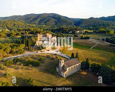 France, Vaucluse, Parc naturel régional du Luberon, Lourmarin, étiqueté les plus Beaux villages de France (les plus beaux villages de France), château des 15th et 16th siècles, temple protestant à l'extérieur du village en arrière-plan (vue aérienne) Banque D'Images