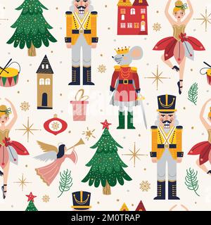 Merry Christmas, New Year Seamless pattern Set avec Ballerina, Mouse King et casse-noisette. Carte de Noël avec trois et jouets Illustration de Vecteur
