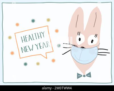 Un lapin drôle dans un masque de visage dit sain nouvel an. Les coronavirus volent autour du lettrage. Un lièvre et un texte manuscrit dessinés à la main. Illustration de Vecteur
