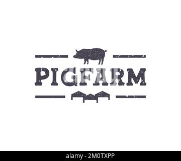 Agriculture avec animaux de ferme porcs grunge icône logo design. Conception pour entreprise agricole avec champ agricole. Exploitation de logements intérieurs d'entreprise porcine. Illustration de Vecteur