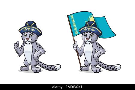 Personnage de léopard des neiges. Snow Leopard - Irbis est en traditionnel oriental, chapeau kazakh et avec le drapeau du Kazakhstan. Illustration de Vecteur