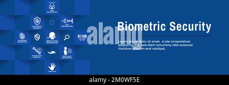 Bannière Web à lecture biométrique avec jeu d'icônes : ADN, empreinte digitale, lecture vocale, code-barres tatouage, 2FA etc Illustration de Vecteur