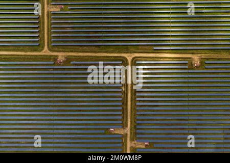vue aérienne sur un immense champ de ferme de rangées de panneaux solaires. Énergie solaire renouvelable. Banque D'Images