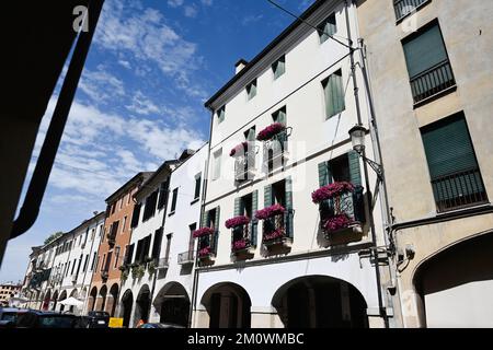 Bâtiments avec fenêtres et fleurs dans les pots de Padoue, Vénétie, Italie. Banque D'Images