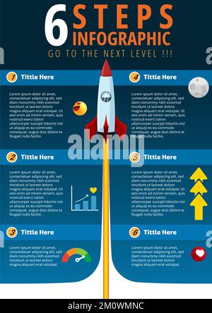 6 étapes Infographics Rocket Launcher niveau supérieur adapté à la présentation Poster, Poster d'information, Content Digital Design, Booster Marketing Poster Illustration de Vecteur