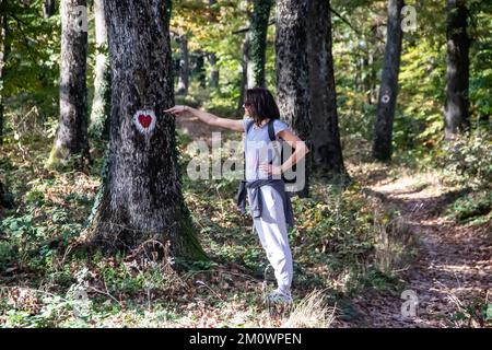 Moyenne âge belle femme montrant au symbole de l'amour, foyer, peint sur l'arbre dans la forêt profonde au parc national, sauver l'environnement et la nature Banque D'Images