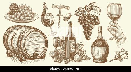 Bouteille de vin, vigne, tonneau en bois, tire-bouchon, petits raisins. Ensemble Vineyard concept. Vecteur d'esquisse de cave de vinification Illustration de Vecteur