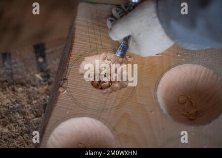 l'artisan sculpte les assiettes en bois à la main. L'art du menuisier Banque D'Images