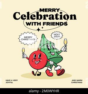 Modèle d'étiquette de personnages de dessin animé rétro de Noël et du nouvel an. Sapin de Noël et décoration boule de boule avec verre de champagne Vector mascotte Illustration de Vecteur
