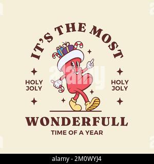 Modèle d'étiquette de personnages de dessin animé rétro de Noël et du nouvel an. Chaussette de Noël avec cadeaux de Noël à la fête. Illustration de la mascotte vectorielle dans Illustration de Vecteur