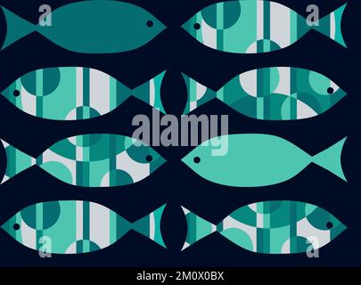 Ensemble de poissons d'océan stylisé, joli et décoré, vert Banque D'Images