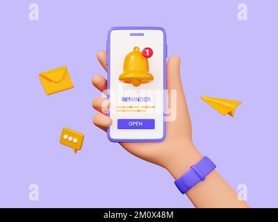 Rappel 3D rendu - téléphone portable en main avec sonnerie de notification, bouton et éléments flottants sur violet. Banque D'Images
