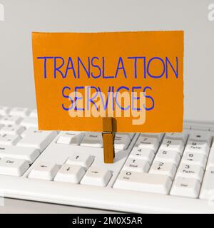 Affiche les services de traduction, organisation de présentation de l'entreprise qui permet aux personnes de traduire leur discours Banque D'Images