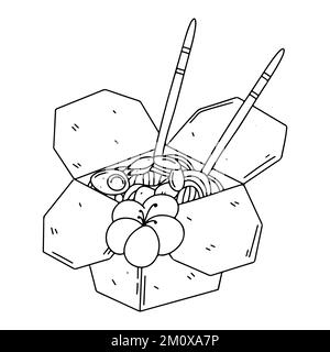 Boîte en papier avec nouilles aux crevettes et légumes dessinés à la main Illustration de Vecteur