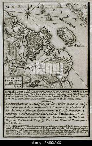 Guerre de sept ans (1756-1763). Guerre de Poméranie. Carte de Stralsund, 1757-1758. Blocus de Stralsund (30th décembre 1757 au 16th juin 1758). Des troupes prussiennes ont entouré la garnison suédoise de Stralsund (capitale de la Poméranie suédoise). Les Prussiens ne pouvaient pas isoler la ville par mer parce qu'ils manquaient d'une flotte, mais ils l'ont coupée et blockée par terre sur 30 décembre 1757. Enfin, le blocus a été levé le 16th juin 1758, lorsque la plupart des forces prussiennes ont été retirées pour renforcer les actions militaires ailleurs. Publié en 1765 par le cartographe Jean de Beaurain (1696-1771) comme illustration o Banque D'Images