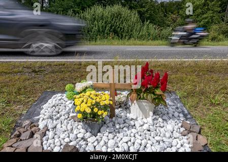 Memorial avec croix pour les victimes d'accident de la route de campagne, croix d'accident, croix de mémorial, croix de voie, voiture dangereusement rapide, vitesse ro Banque D'Images