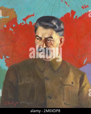 Portrait de Joseph Staline, chef de l'Union soviétique de 1924 à 1953, peinture de Samuel Johnson Woolf ca. 1937. Staline est photographié en face d'une carte de l'URSS. Banque D'Images