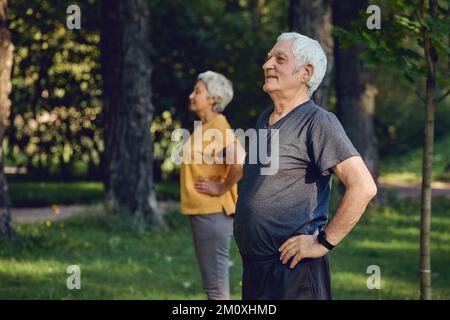 Les conjoints âgés portent des vêtements de sport faisant des exercices à l'extérieur dans le parc d'été le matin. Un mode de vie sain, une vie active à la retraite utiliser un appareil moderne conc Banque D'Images