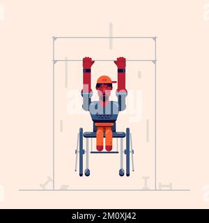 Illustration vectorielle avec un jeune homme de peau sombre en fauteuil roulant avec des jambes amputées tire vers le haut dans la salle de gym. Illustration de Vecteur