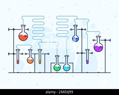 Illustration vectorielle avec laboratoire chimique en ligne plate. Flacons avec tubes de couleur liquide et bleus. Illustration de Vecteur