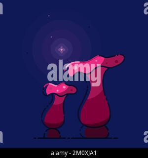 Conte de fées de nuit avec champignons mauves magiques sur fond bleu. Lumière mystérieuse et lucioles. Illustration de Vecteur