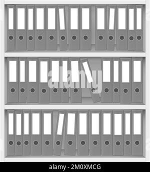 Classeurs à anneaux gris brimful emballés dans un coffret de livre blanc, pour beaucoup de travail de bureau. Ensemble de dossiers de fichiers épais et minces sans libellé. Banque D'Images