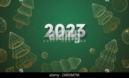 2023 Joyeux Noël vectoriel du nouvel an sur fond vert avec confettis en or pailleté, sapin de Noël et boules de Noël, décorations en or 3D Illustration de Vecteur