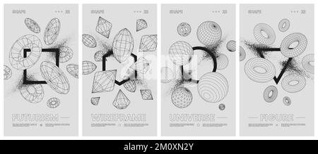 Formes géométriques avec effet de pulvérisation de particules, Wireframes étranges figures géométriques, composition contemporaine œuvres d'art abstrait scénario ensembles affiches Illustration de Vecteur