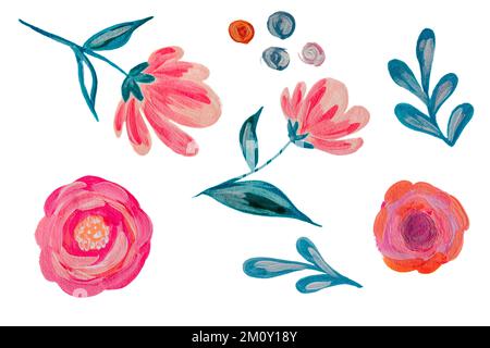 Fleurs et feuilles dessinées à la main. Illustration. Peintures acryliques.emballages, papiers peints, cartes postales, cartes de vœux, invitations de mariage, ev romantique Banque D'Images