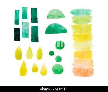 Ensemble d'éléments de peinture à la main aquarelle. Jaune, vert, couleur émeraude. Coloration multicolore. Illustration aquarelle Banque D'Images